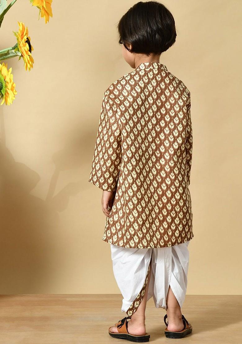 Brown Printed Cotton Kurta Dhoti Set For Boys - Indya