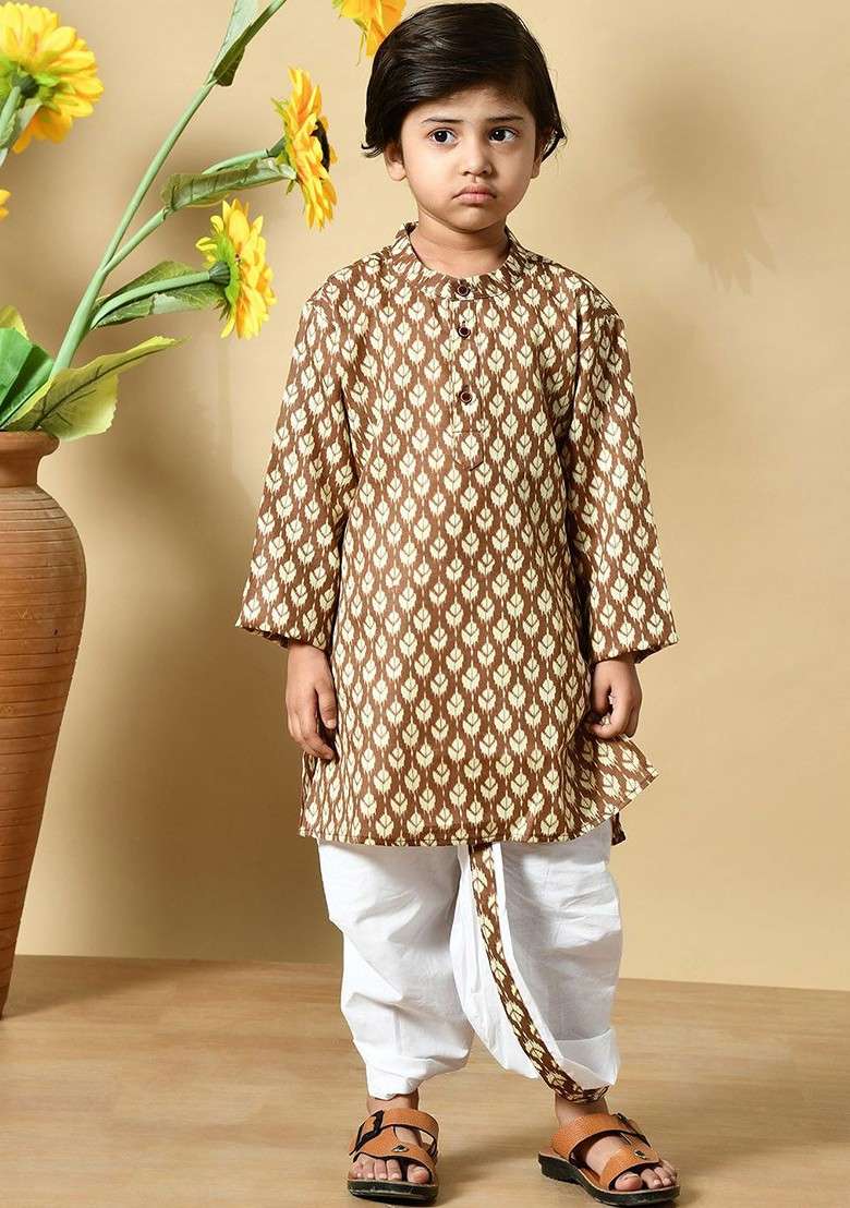 Brown Printed Cotton Kurta Dhoti Set For Boys - Indya