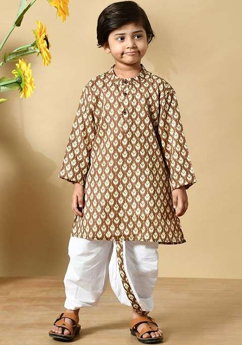 Brown Printed Cotton Kurta Dhoti Set For Boys