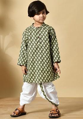 Olive Printed Cotton Kurta Dhoti Set For Boys