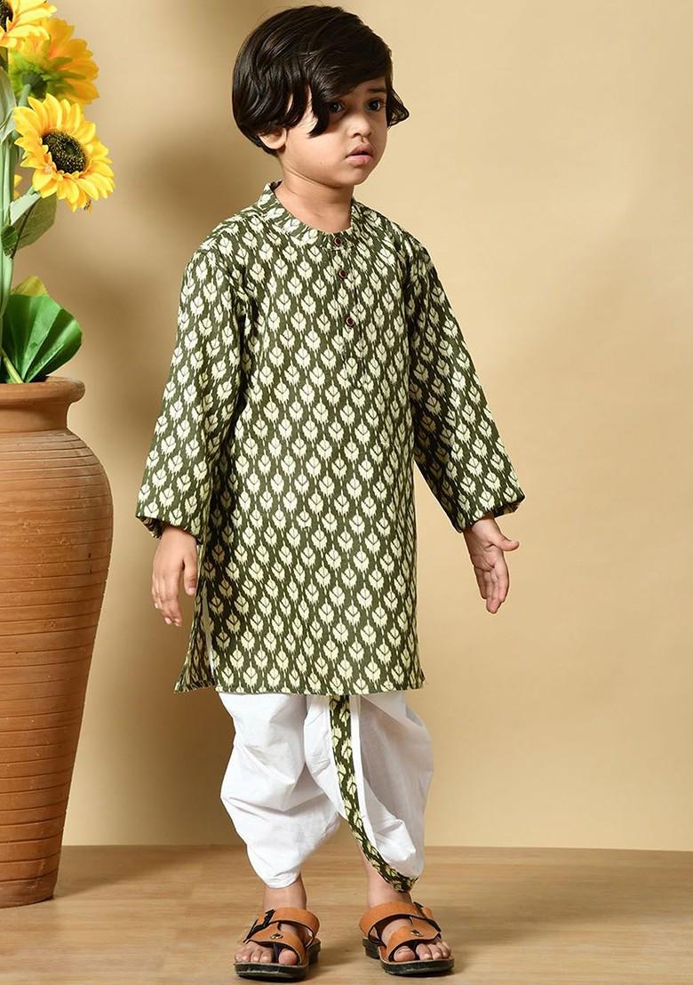 Olive Printed Cotton Kurta Dhoti Set For Boys - Indya