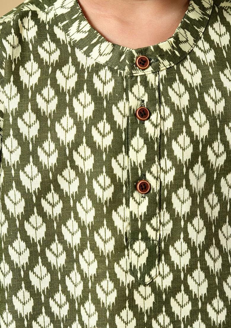 Olive Printed Cotton Kurta Dhoti Set For Boys - Indya