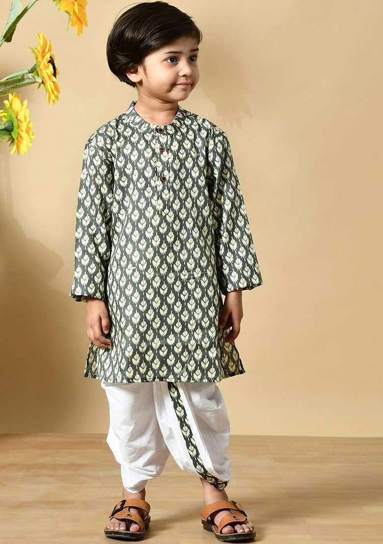 Grey Printed Cotton Kurta Dhoti Set For Boys - Indya