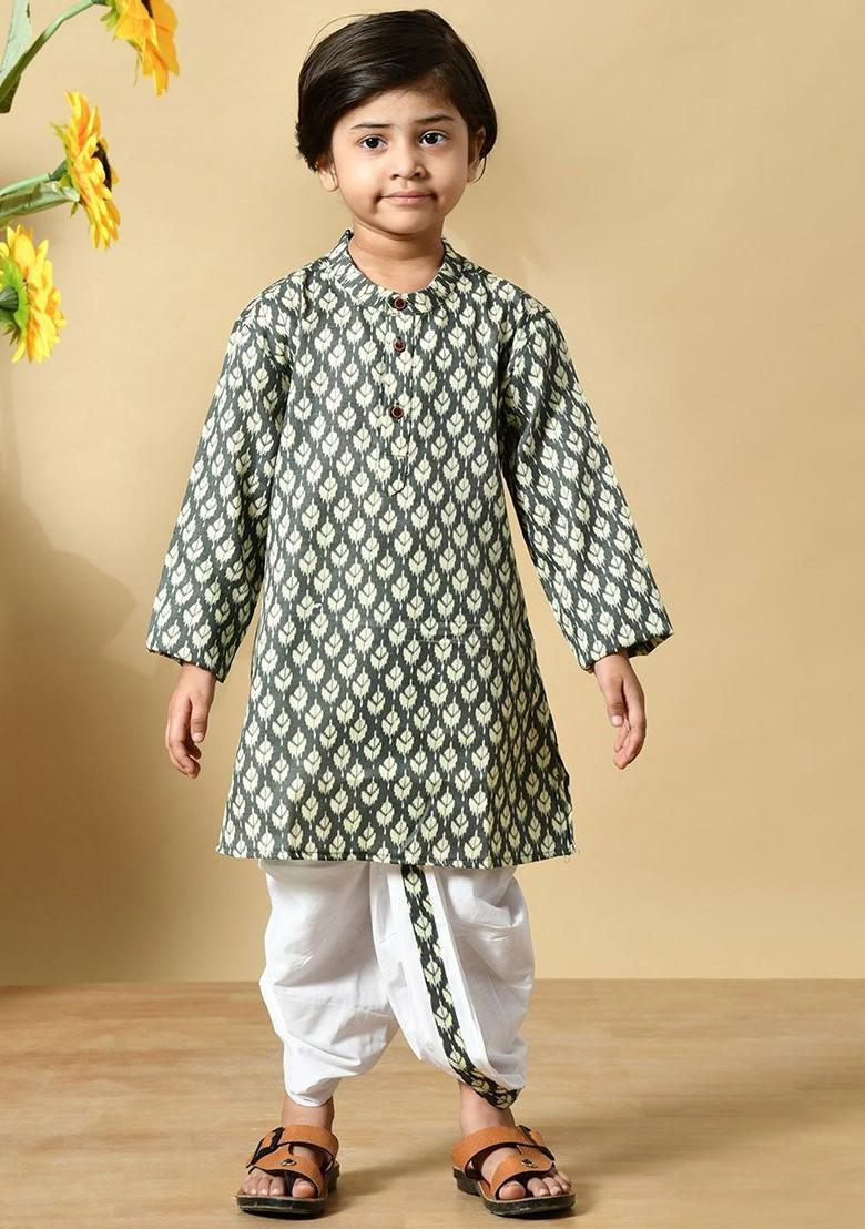 Grey Printed Cotton Kurta Dhoti Set For Boys - Indya