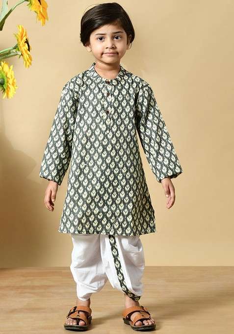 Grey Printed Cotton Kurta Dhoti Set For Boys