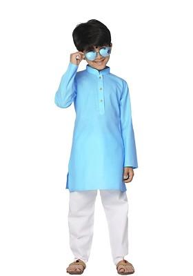 Blue Embroidered Cotton Kurta Set For Boys