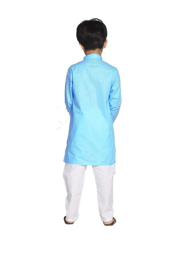 Blue Embroidered Cotton Kurta Set For Boys - Indya
