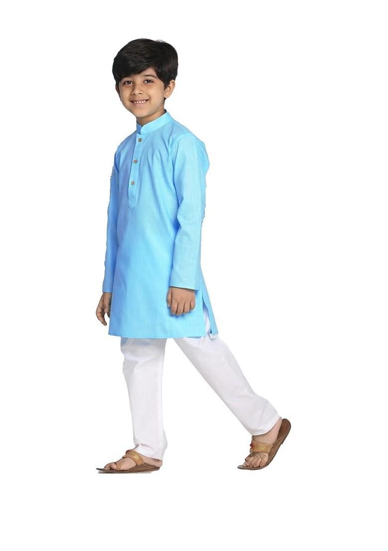 Blue Embroidered Cotton Kurta Set For Boys - Indya