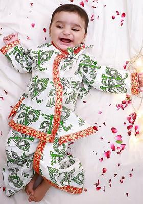 White Printed Cotton Kurta Dhoti Set For Boys