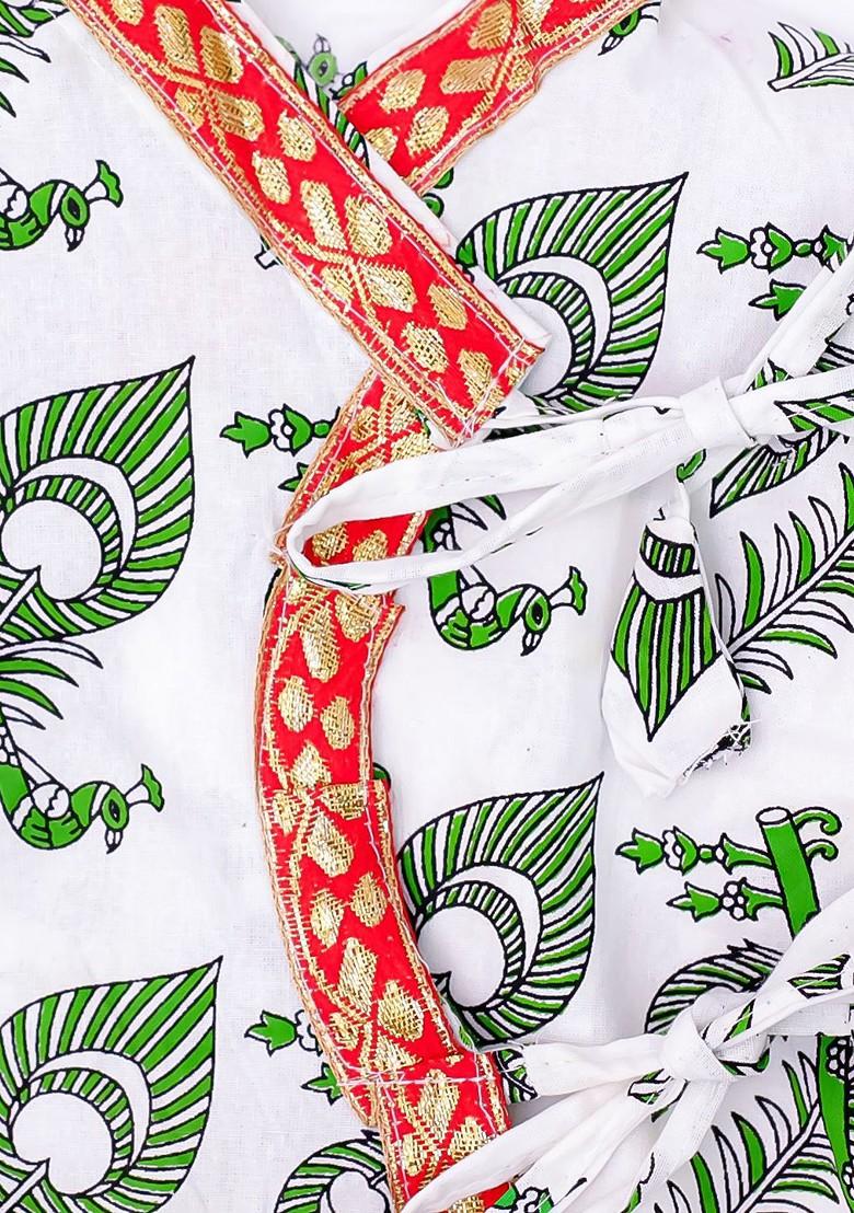 White Printed Cotton Kurta Dhoti Set For Boys - Indya