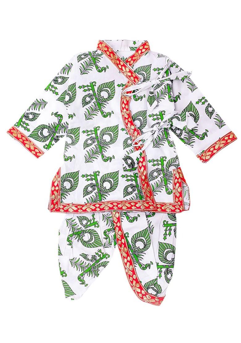 White Printed Cotton Kurta Dhoti Set For Boys - Indya