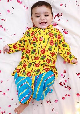 Yellow Printed Cotton Kurta Dhoti Set For Boys