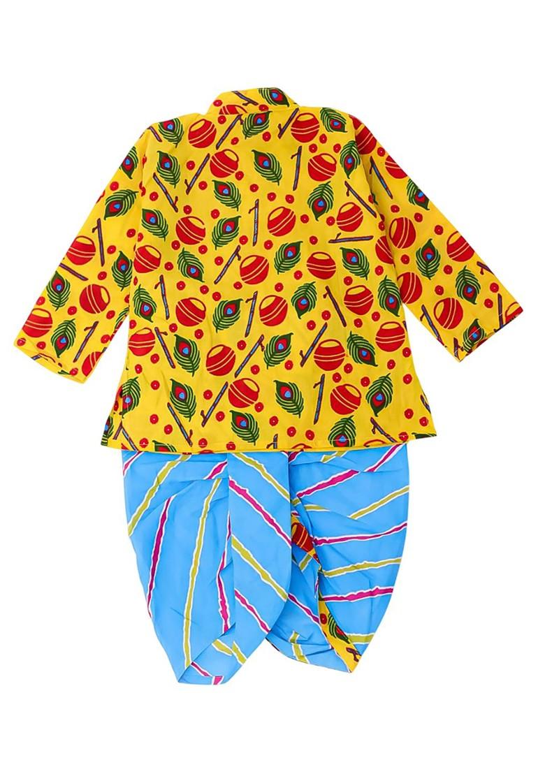 Yellow Printed Cotton Kurta Dhoti Set For Boys - Indya