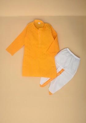 Yellow Embroidered Blended Kurta Set For Boys