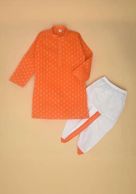 Orange Embroidered Blended Kurta Set For Boys
