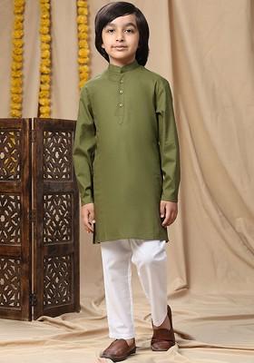 Olive Embroidered Cotton Kurta Set For Boys
