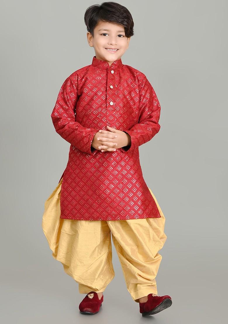 Maroon Embroidered Silk Kurta Set For Boys - Indya