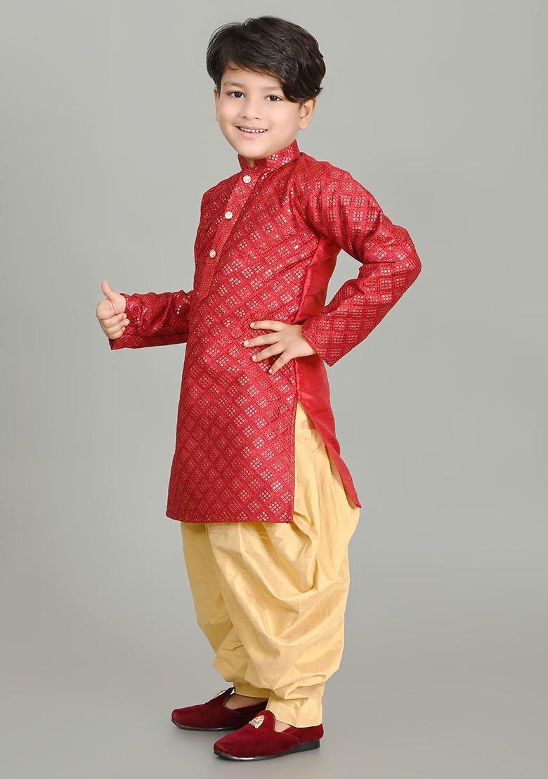 Maroon Embroidered Silk Kurta Set For Boys - Indya