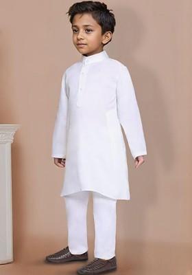 White Embroidered Cotton Kurta Set For Boys