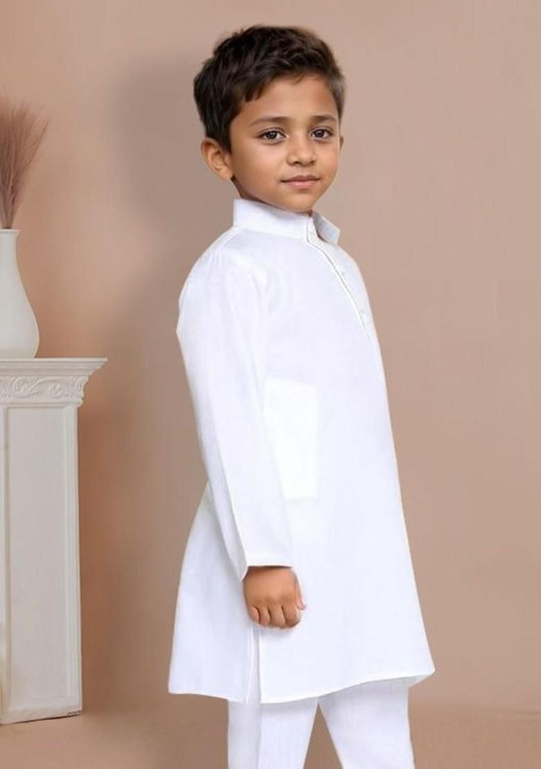 White Embroidered Cotton Kurta Set For Boys - Indya
