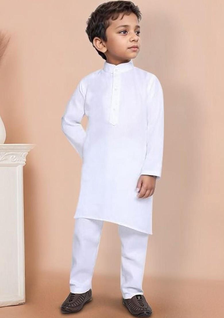 White Embroidered Cotton Kurta Set For Boys - Indya
