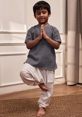 Grey Embroidered Cotton Kurta Set For Boys