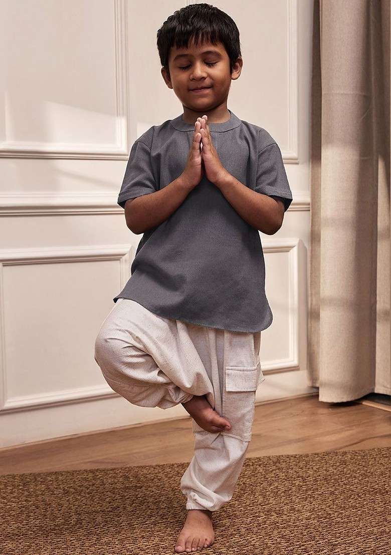 Grey Embroidered Cotton Kurta Set For Boys - Indya