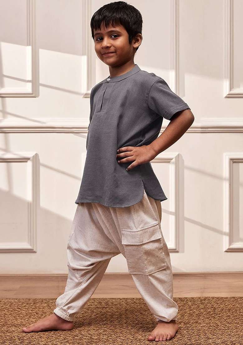 Grey Embroidered Cotton Kurta Set For Boys - Indya