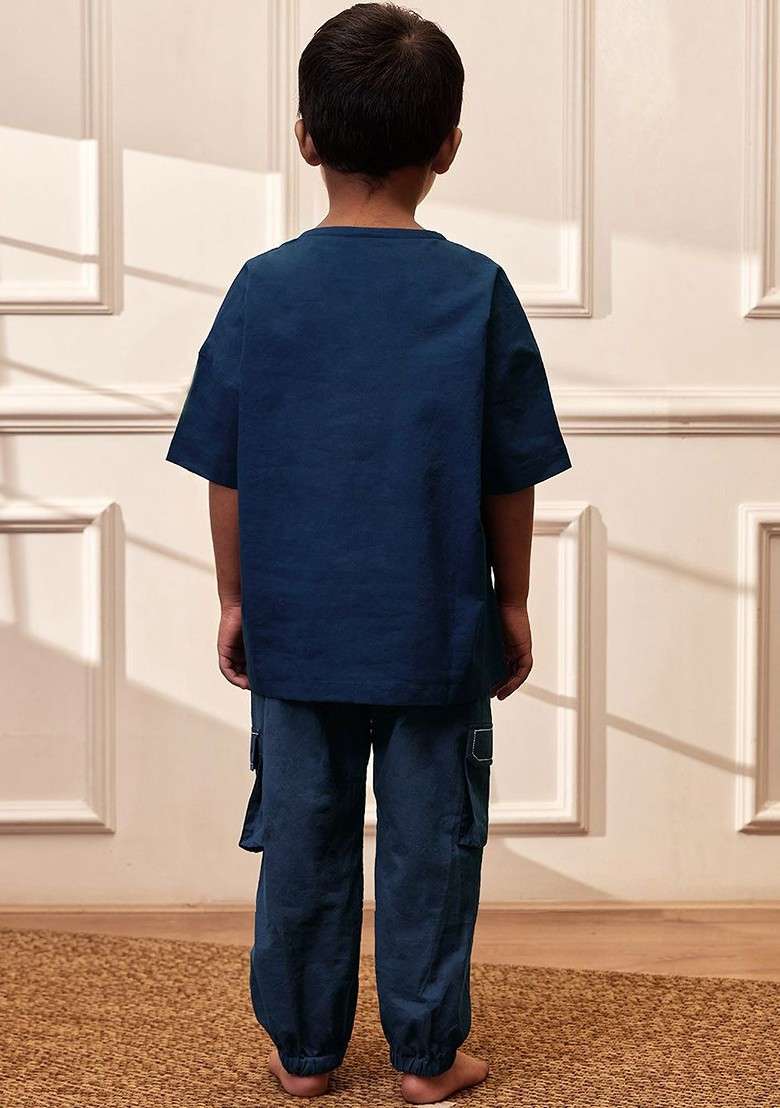 Navy Blue Embroidered Cotton Kurta Set For Boys - Indya
