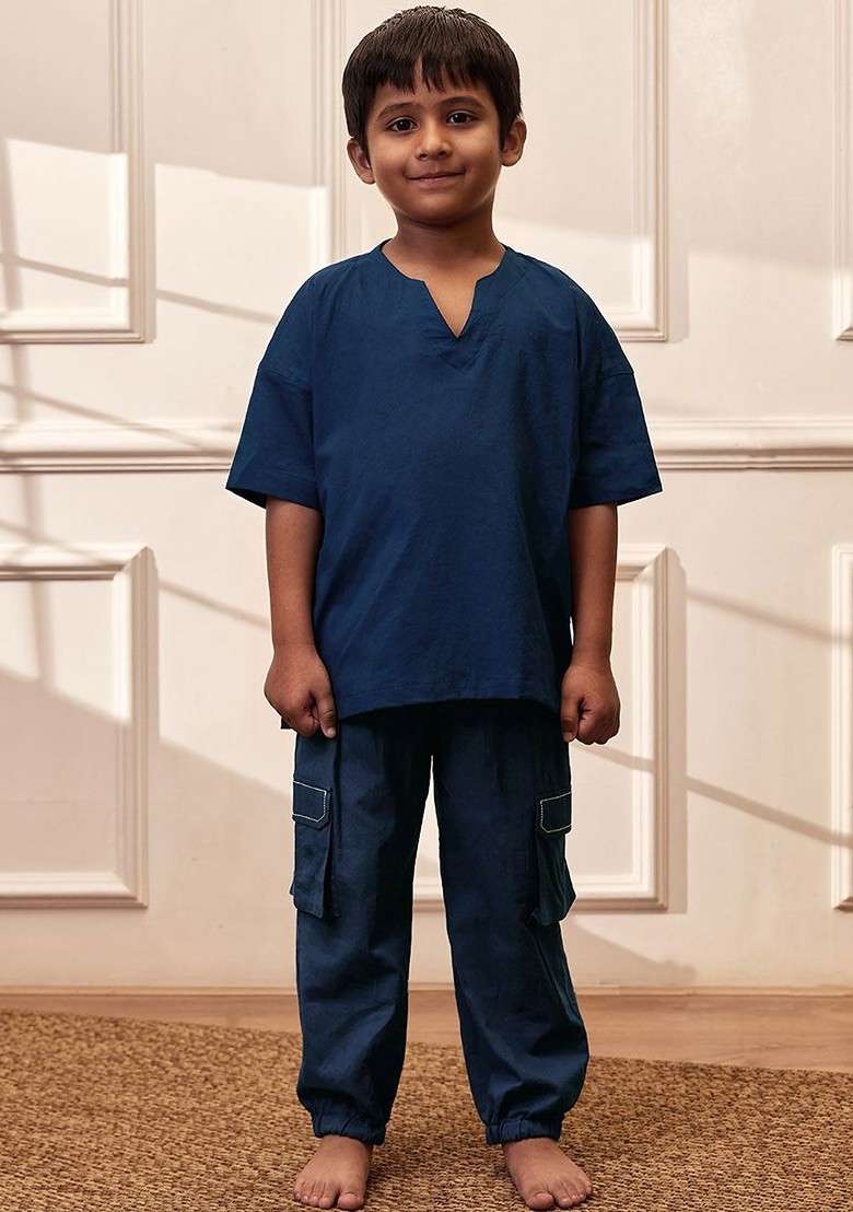 Navy Blue Embroidered Cotton Kurta Set For Boys - Indya