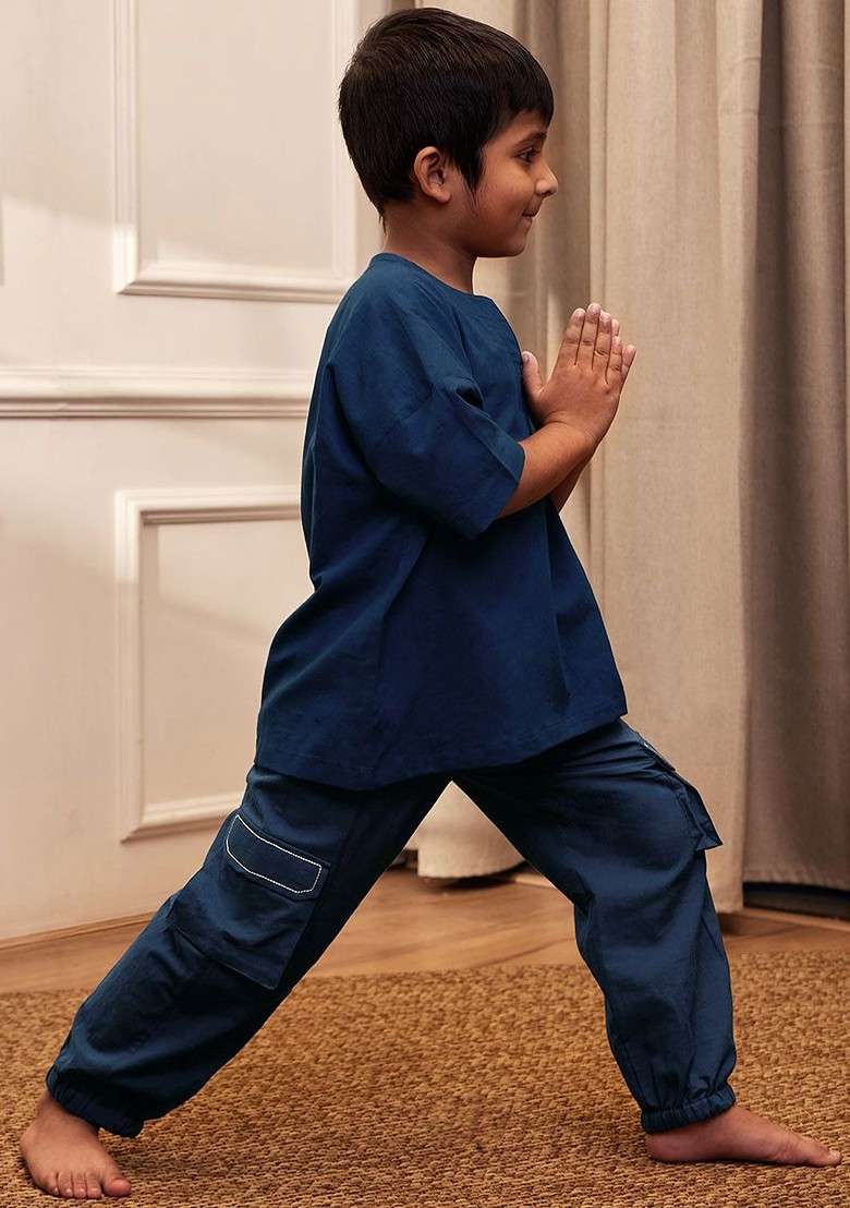 Navy Blue Embroidered Cotton Kurta Set For Boys - Indya