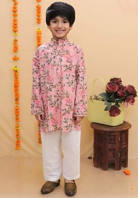 Pink Embroidered Cotton Kurta Set For Boys