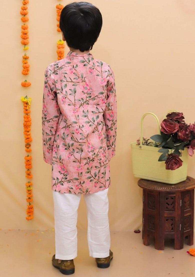 Pink Embroidered Cotton Kurta Set For Boys - Indya