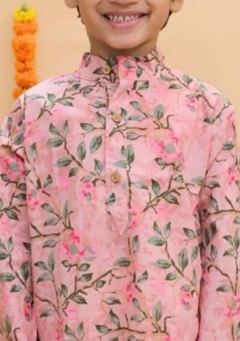 Pink Embroidered Cotton Kurta Set For Boys - Indya