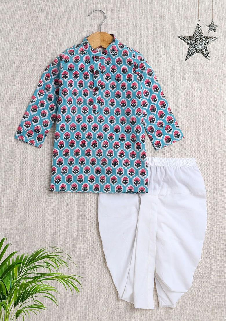 Blue Printed Cotton Kurta Dhoti Set For Boys - Indya
