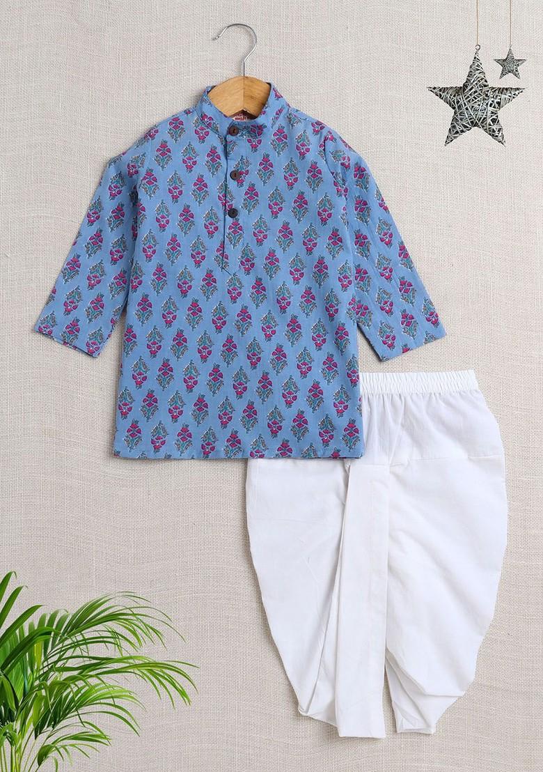 Blue Printed Cotton Kurta Dhoti Set For Boys - Indya