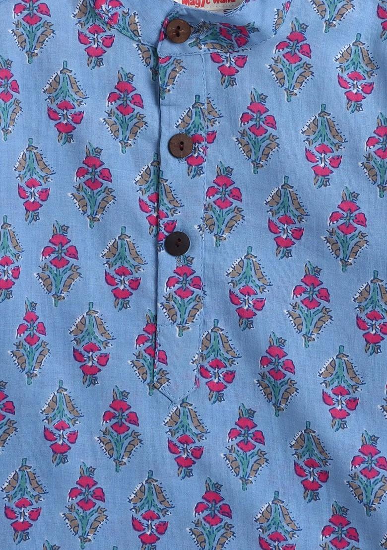 Blue Printed Cotton Kurta Dhoti Set For Boys - Indya