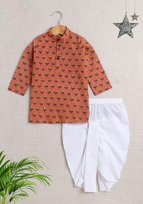 Peach Printed Cotton Kurta Dhoti Set For Boys