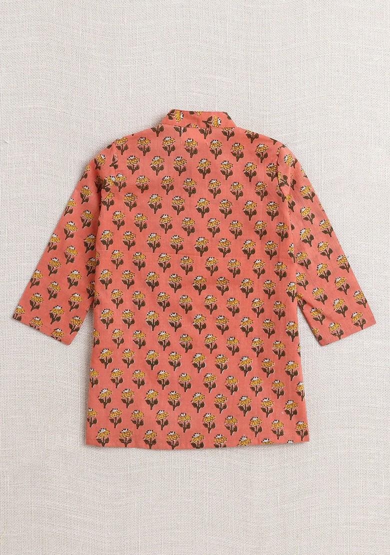 Peach Printed Cotton Kurta Dhoti Set For Boys - Indya