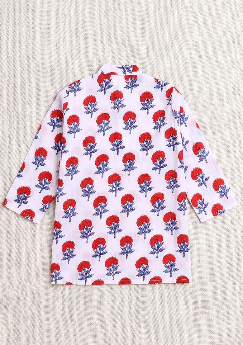 White Printed Cotton Kurta Dhoti Set For Boys - Indya