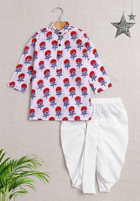 White Printed Cotton Kurta Dhoti Set For Boys — view on Indya