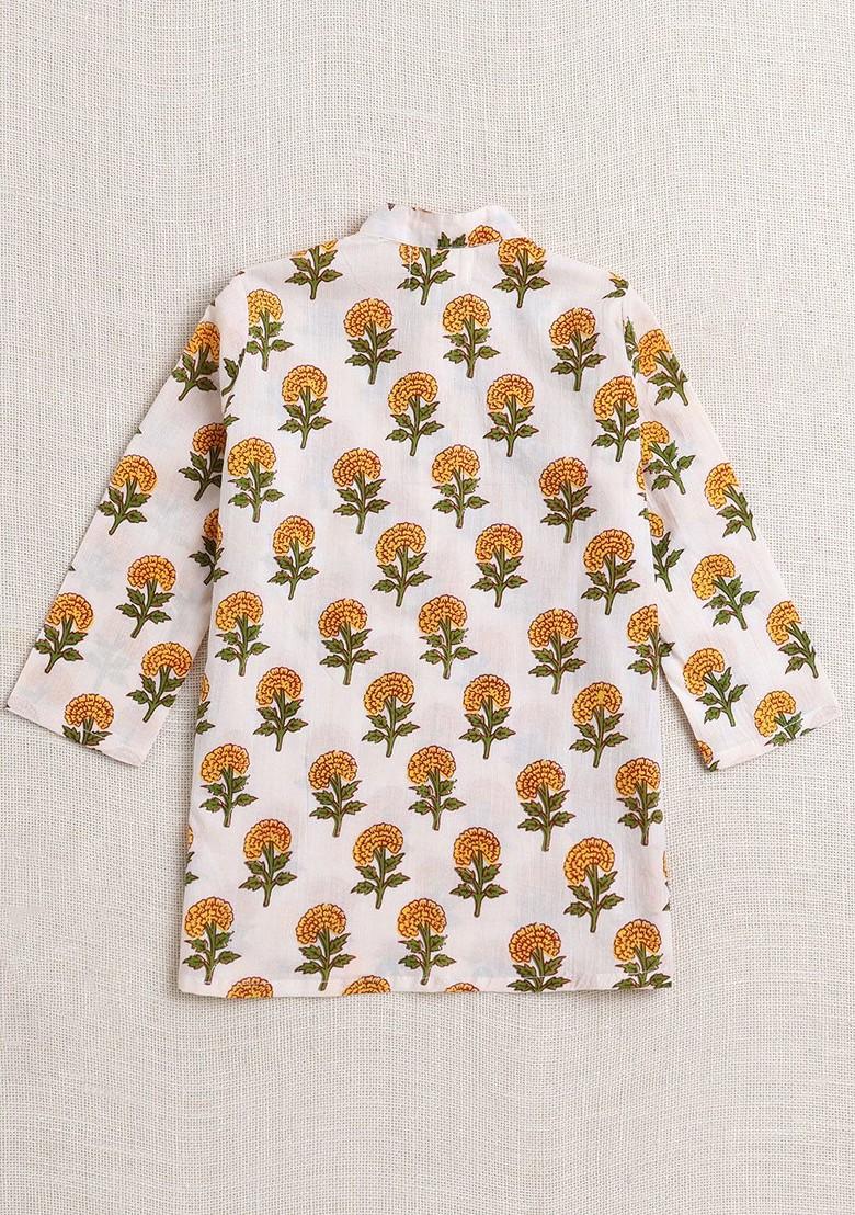 White Printed Cotton Kurta Dhoti Set For Boys - Indya