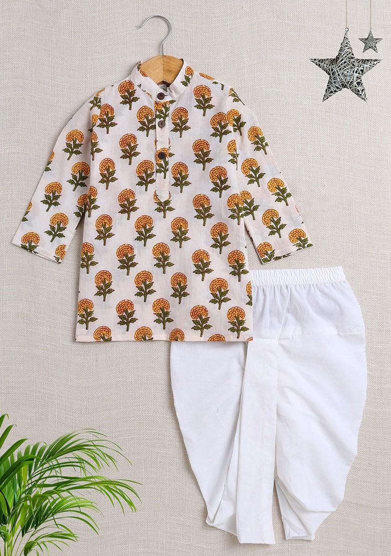 White Printed Cotton Kurta Dhoti Set For Boys - Indya