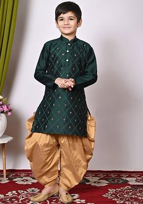 Green Embroidered Silk Kurta Set For Boys