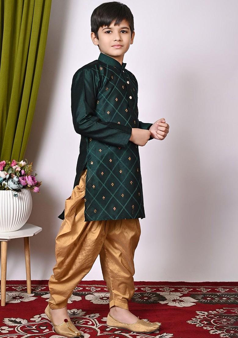 Green Embroidered Silk Kurta Set For Boys - Indya