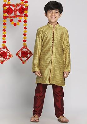 Mustard Printed Blended Kurta Set For Boys