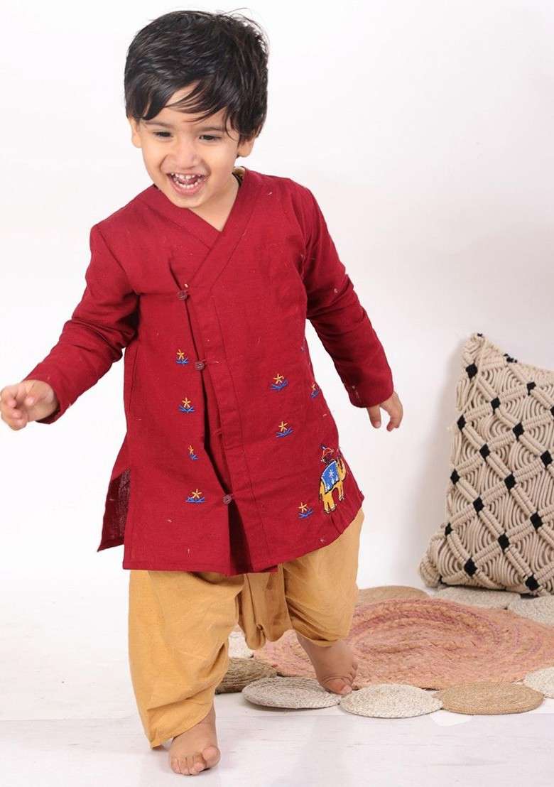 Maroon Embroidered Cotton Kurta Dhoti Set For Boys - Indya