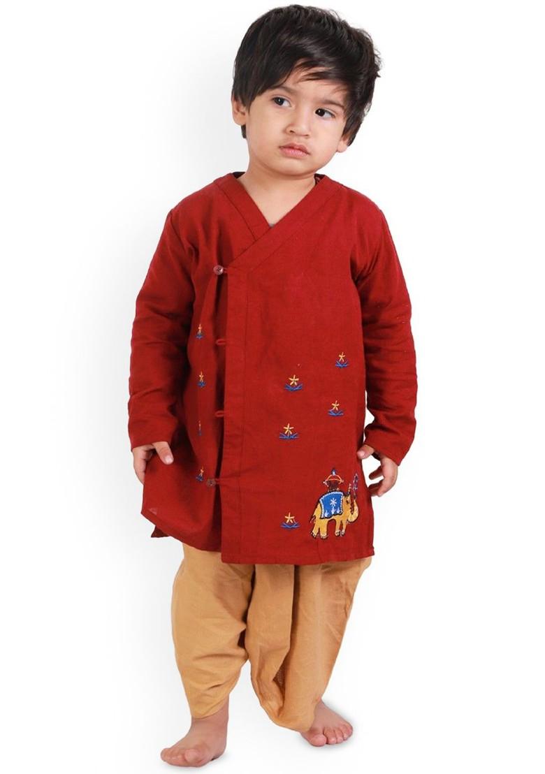 Maroon Embroidered Cotton Kurta Dhoti Set For Boys - Indya