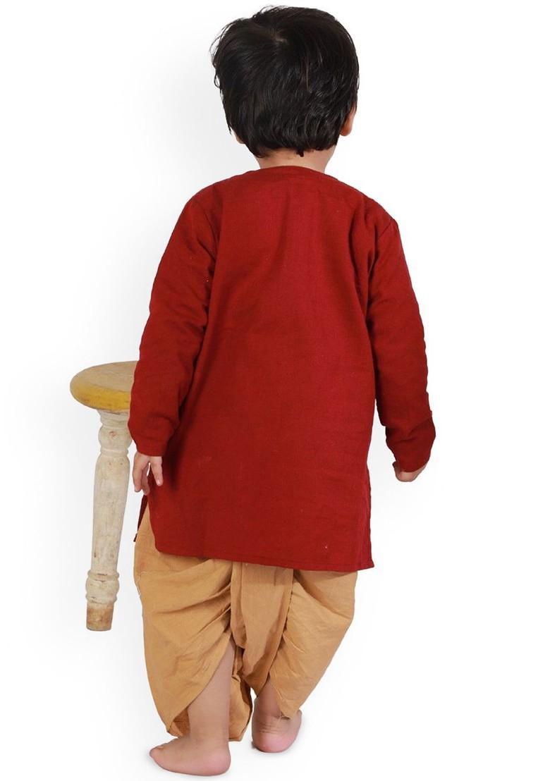 Maroon Embroidered Cotton Kurta Dhoti Set For Boys - Indya