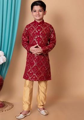 Maroon Embroidered Silk Kurta Set For Boys